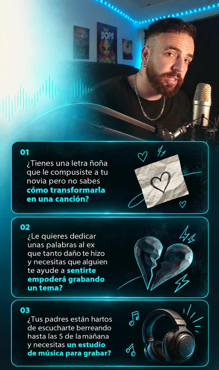 Dani Manzan en su estudio junto a tres ejemplos de artistas que quieren crear una canción